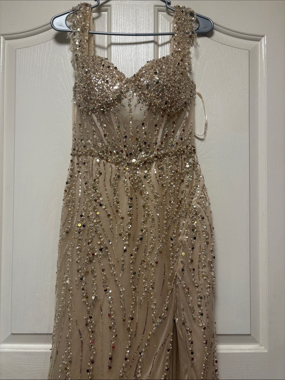 Dancing Queen Champagne Beaded Prom Gown